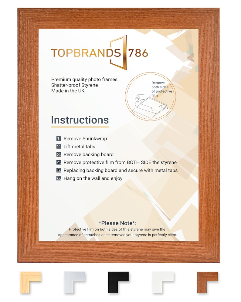 Puede incluir: Un marco de fotos de madera con un acabado marr&oacute;n claro. El marco tiene un fondo blanco con texto negro que dice "TOPBRANDS 786". El texto "Instrucciones" tambi&eacute;n es visible en negro. El marco est&aacute; hecho de estireno irrompible y est&aacute; hecho en el Reino Unido.
