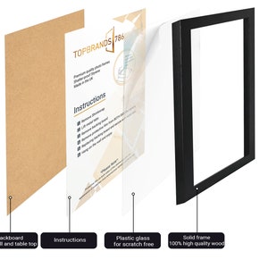Puede incluir: Un marco de fotos negro con un inserto de vidrio pl&aacute;stico transparente y un respaldo de cart&oacute;n marr&oacute;n. El marco est&aacute; hecho de madera de alta calidad al 100%. Las instrucciones para ensamblar el marco est&aacute;n incluidas. TOPBRANDS 786.