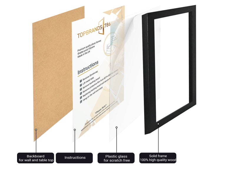 Puede incluir: Un marco de fotos negro con un inserto de vidrio pl&aacute;stico transparente y un respaldo de cart&oacute;n marr&oacute;n. El marco est&aacute; hecho de madera de alta calidad al 100%. Las instrucciones para ensamblar el marco est&aacute;n incluidas. TOPBRANDS 786.