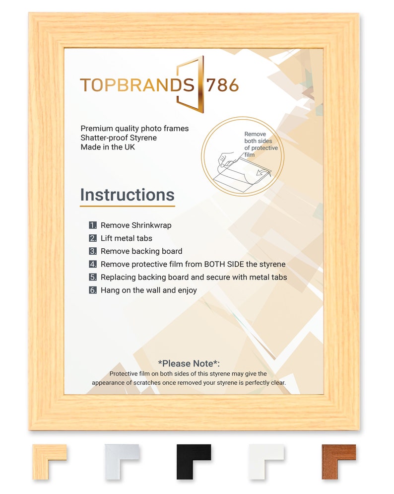 Puede incluir: Un marco de fotos de madera clara con el texto "TOPBRANDS 786" impreso en la parte delantera. El marco es irrompible y est&aacute; hecho de estireno. Se incluyen instrucciones para quitar la pel&iacute;cula protectora.