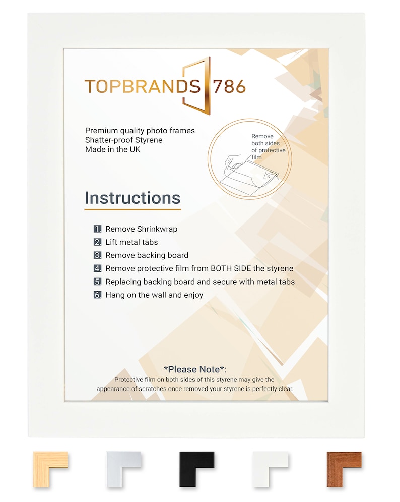 Puede incluir: Marco de fotos blanco con un borde de aspecto de madera. El marco tiene un passe-partout blanco y una placa posterior blanca. El marco est&aacute; etiquetado como "TOPBRANDS 786" e incluye instrucciones para quitar la pel&iacute;cula protectora e instalar la placa posterior. El marco est&aacute; disponible en cinco colores: madera natural, plata, negro, blanco y marr&oacute;n.