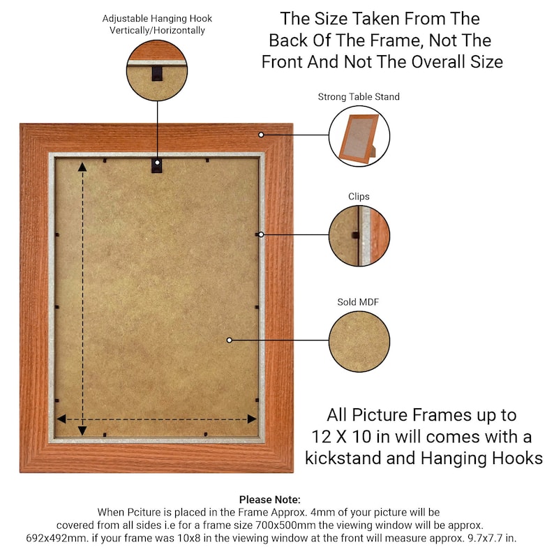 Puede incluir: Un marco de fotos de madera con un acabado marr&oacute;n. El marco tiene un soporte y ganchos para colgar. El marco mide 12 x 10 pulgadas. El texto en la imagen dice: "The Size Taken From The Back Of The Frame, Not The Front And Not The Overall Size".