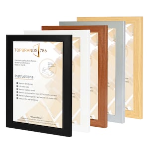 May include: Five picture frames in different colours: black, white, brown, silver, and natural wood. The frames are all the same size and have a simple, modern design. The black frame has instructions for assembling the frame printed on the front.