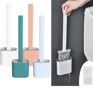 Toilet Brush | Bathroom Silicone Toilet Brush and Holder | Plastic Handle & Soft Flexible Bristles | Base for brush White Green Pink Blue