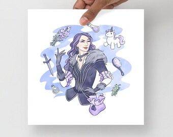 May include: A digital illustration of a woman with purple hair wearing a black and white outfit. She is surrounded by various objects, including a unicorn, a sword, a bottle, a hairbrush, and a sprig of lavender.