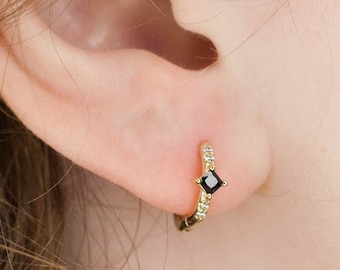 Pair of Mini  Black Diamond CZ Hoop Huggie Earrings in Sterling Silver Dainty Chunky Modern Earrings, Square  Geometric Bestseller