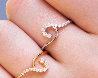 Sterling Silver Diamond Wave Ring, CZ Cubic Zirconia Minimalist Modern Jewelry