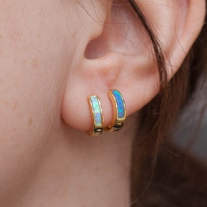 May include: A pair of gold hoop earrings with opal inlay. The earrings are small and delicate, and they are a popular choice for everyday wear.