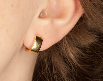 18k Gold Chunky Huggie Hoop Earrings, 925 Sterling Silver