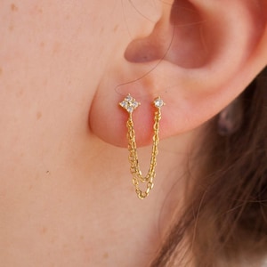 Double Stud Chain Earrings, Stud Dangling Chain Earrings, Minimal Chain Earrings, Dainty Chain Earring