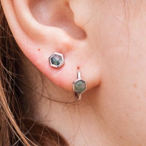 Moss agate earrings hexagon hoop huggie stud 925 sterling silver gold stone