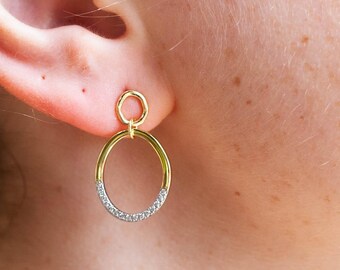 925 Sterling Silver Two Tone Gold Mixed Metal Oval Drop Earrings with CZ Stones – Minimalist Dangle Earrings – Dainty Gold Jewelry