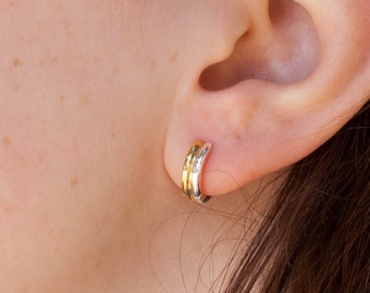 Boucles d'oreilles en mélange de métaux, boucles d'oreilles bicolores en or, pendants, pendentifs Huggie, argent sterling 925, créoles géométriques, boucles d'oreilles modernes