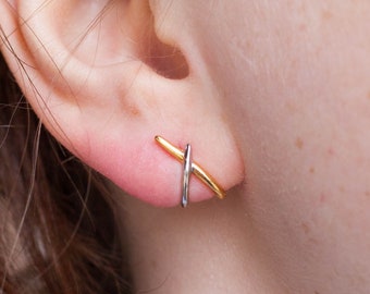 Mixed metal earrings, Two tone earrings pierced Gold Dangle  Drop Stud Huggie 925 Sterling Silver, Geometric Jewelry Modern Earrings