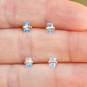 Birthstone Earrings Zircon Baguette 925 Sterling Silver Stud Earrings CZ Diamond Gold Silver  Birthday Small Tiny