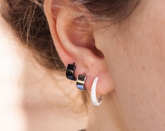Black Silver Huggie Hoop Earrings by • Most Favorited Huggie Hoop Earrings • Perfect Simple Earrings For Her