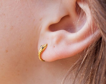 Puede incluir: Pendientes de aro de serpiente dorados con detalles negros. Los pendientes se llevan en la oreja izquierda de una persona con cabello castaño.
