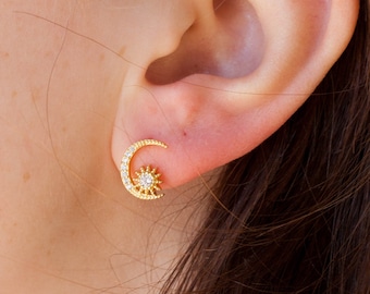 Sun Star Moon Asymmetrical Stud Earrings 925 Sterling Silver 14K Gold cz cubic zirconia