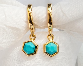 Natural Turquoise  stone small hexagon hoop huggie  hoop 925 sterling silver gold stone