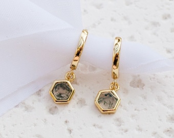 Moss agate earrings hexagon hoop huggie drop 925 sterling silver gold stone