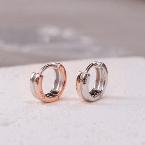 Mixed metal huggie hoop, Two tone  925 Sterling Silver and Rose, Geometric Modern Earrings