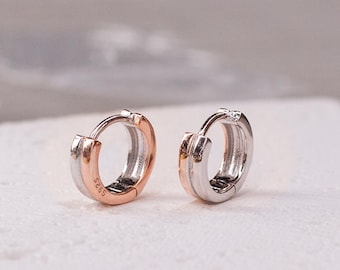 Mixed metal huggie hoop, Two tone  925 Sterling Silver and Rose, Geometric Modern Earrings