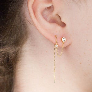 ダブルピアス 925 スターリングシルバー ダブルチェーンピアス スタッドピアス CZ キュービックジルコニア ゴールド シルバー ロング ツーベストセラー
