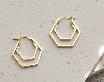 Double Hoop Earring Hexagon Dangle  Drop Stud Huggie Sterling Silver, Geometric Hoop , Dainty Chunky Modern Earrings, Square Bestseller