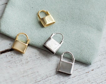 Padlock Lock Hoop Earrings in Sterling Silver, Geometric Huggie Oval Hoop Jewelry, Dainty Chunky Modern, Square Fashion Bestseller