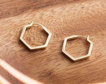 Hoop Earring Hexagon Dangle  Drop Stud Huggie Sterling Silver, Geometric Hoop , Dainty Chunky Modern Earrings, Square Bestseller