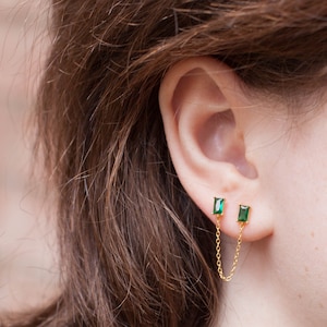 1 pc 925 Sterling Silver  Chain Clip on Stud Earring  Double Piercing Earrings Chain  Jewelry Green Pink Blue White