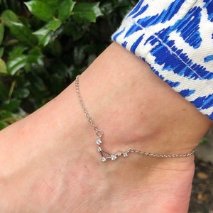 May include: A silver ankle bracelet with a constellation design featuring small clear rhinestones.