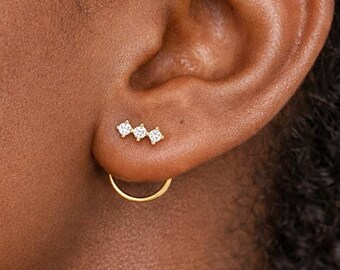 925 Sterling Silver Ear Jacket  tiny diamond studs minimalist triple stone earrings front back ear jacket earrings