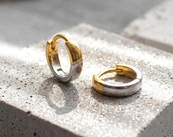 925 Sterling Silver 14k Gold Mixed metal earrings, Small Huggie  Gold Silver Two tone earrings pierced Dangle  Drop, Geometric Hoop Jewelry