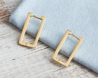 Pair of Medium Rectangular Hoop Earrings in Sterling Silver, Geometric Hoop Jewelry, Dainty Chunky Modern Earrings, Square Bestseller