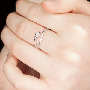 May include: A silver snake ring with a small clear stone on the head. The ring is wrapped around a finger.