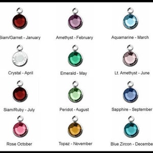 May include: Twelve round gemstone charms, each representing a different month of the year. The charms are silver with a clear crystal, red, pink, blue, green, and brown gemstones.