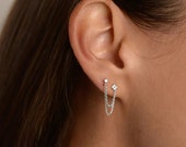 Double Pierced 925 Sterling Silver Double Chain Piercing Stud Earrings CZ Cubic Zirconia Gold Silver Long Two Bestseller