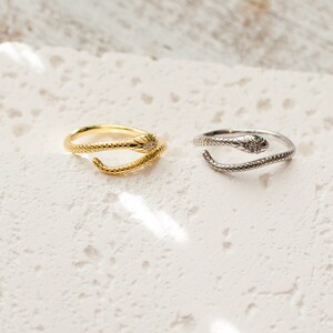 May include: Two snake rings, one gold and one silver, with green stones for eyes. The rings are on a white background.