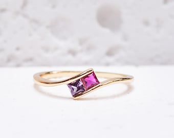 Personalized Family Two Birthstones Sterling Silver Toi et Moi Ring • Custom Gemstone