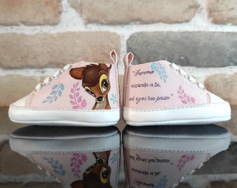 Scarpine bambina/bambino/neonato personalizzate dipinte a mano scarpe cotone tela culla regalo nascita baby shoes handmade painted