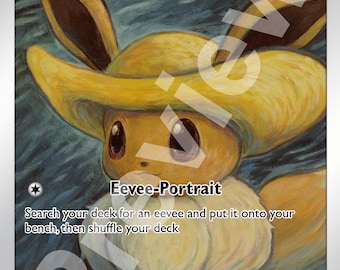 Eevee With Yellow Hat Custom (Pikachu With Grey Felt Hat) VAN GOGH Promo One Off - Holographic - Pokemon Proxy Card Handmade