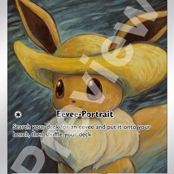 Eevee With Yellow Hat Custom (Pikachu With Grey Felt Hat) VAN GOGH Promo One Off - Holographic - Pokemon Proxy Card Handmade