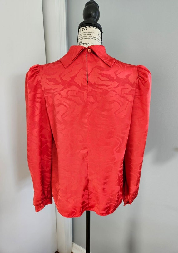 Vintage 80s Red Silky High Collar Neck Blouse By … - image 7