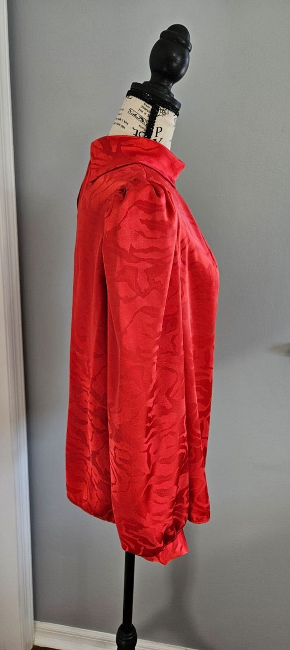 Vintage 80s Red Silky High Collar Neck Blouse By … - image 8