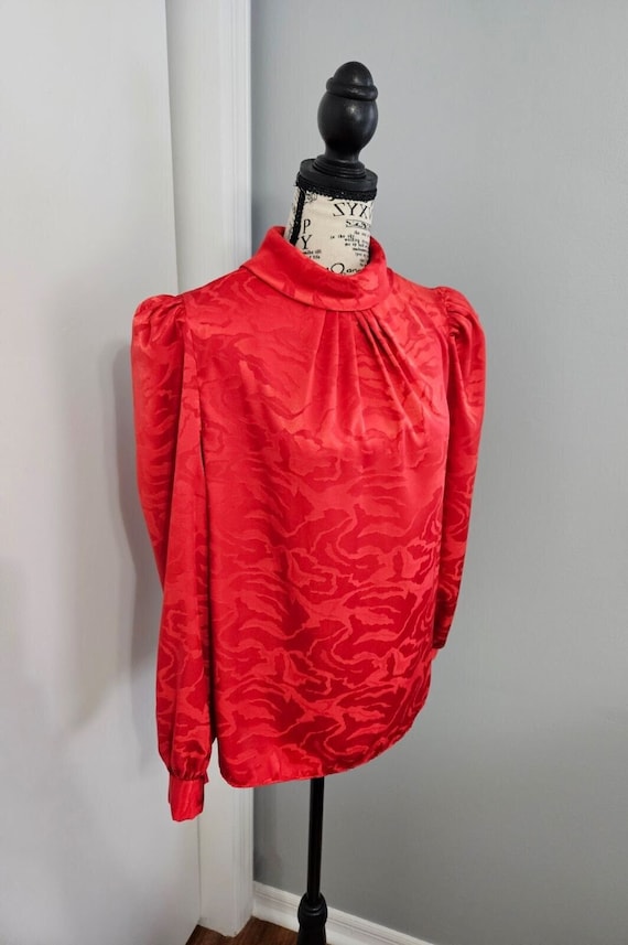 Vintage 80s Red Silky High Collar Neck Blouse By H