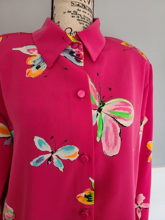 Vintage Pink Butterfly Print Button up Blouse Peti