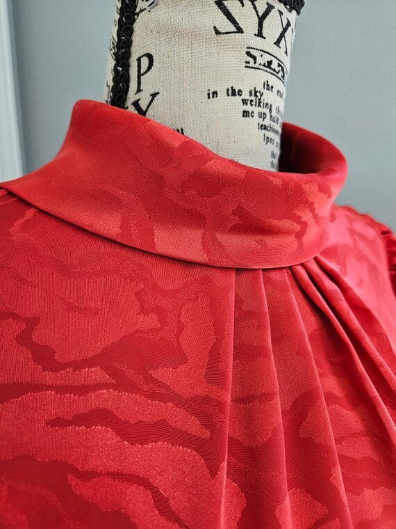 Vintage 80s Red Silky High Collar Neck Blouse By … - image 3