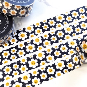 Cute Daisies Washi Tape, Full Roll of Happy Journaling Tape, Smiling Face Happy Paper Tapes :) Black & White Washi, 15mm x 10m roll