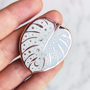 Moon & Stars Monstera Enamel Pin, Celestial Pin, 1.5" Copper Rose Gold White Enamel Pin, Monstera Leaf Pin, Plant Lover Gifts